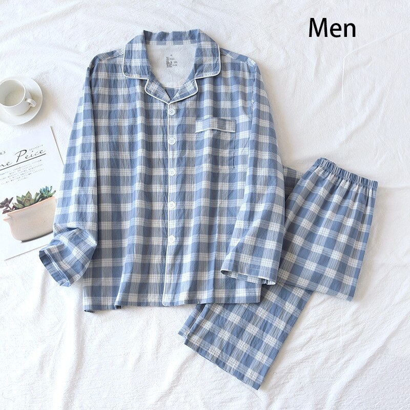 Conjunto de 2 unids/set de pijamas para hombre y mujer, pantalones y Tops finos de manga larga, traje de Pijama largo a cuadros, ropa de dormir para pareja, primavera, verano y otoño: C / L