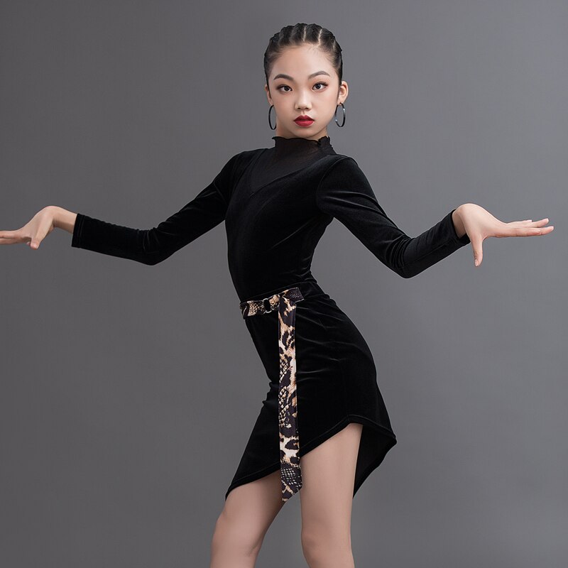 nueva ropa de entrenamiento de Danza Latina Vestido de manga larga para niñas traje de baile latino para niños vestido de competición DQS5622
