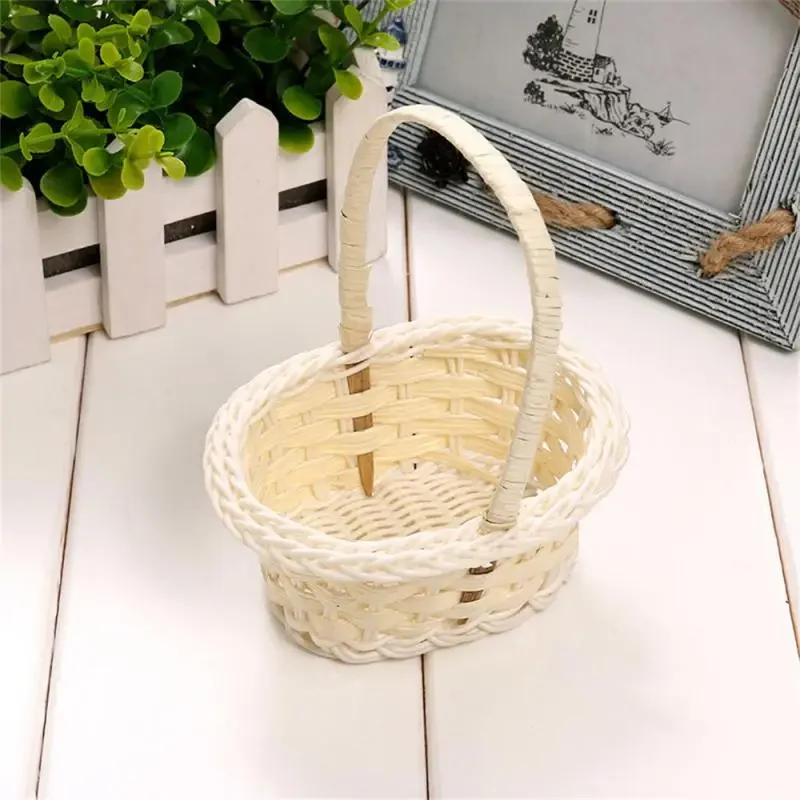 Cesto di fiori in vimini fatto a mano con manico portatile, cesto decorativo per picnic, matrimonio, regalo per bambini, portaoggetti in rattan di vimini pasquale