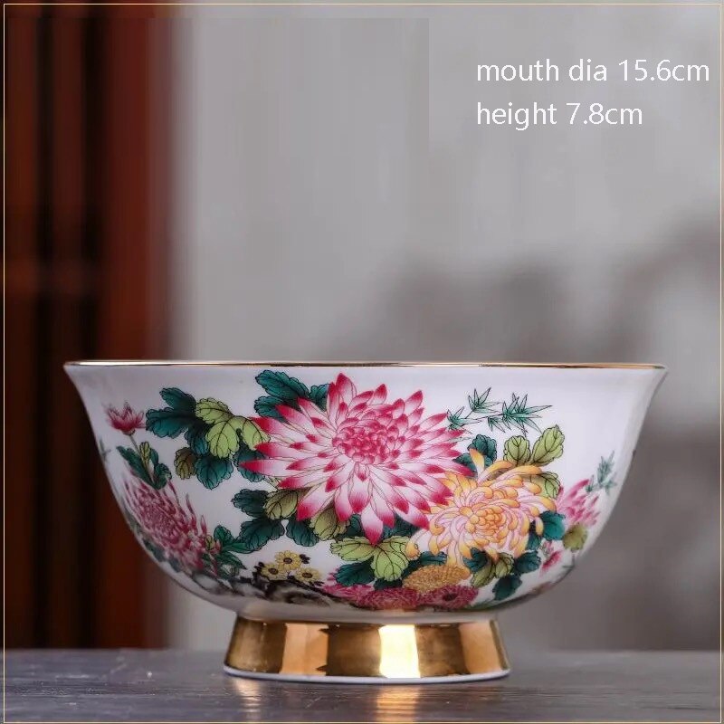 Jingdezhen Ceramic Antique Bowl Tableware Household Bowl Noodles Bowl Gold Painted Large Rice Bowl Soup Bowl High Foot Bowl: flower bowl x 1