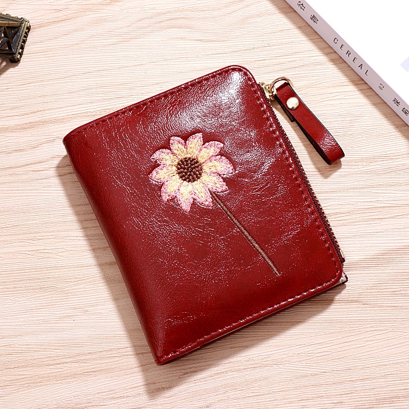 WESTERN AUSPICIOUS Women Wallets Red Green Pink Coffee Black Short Purse PU Card Holder with Fine Embroidery