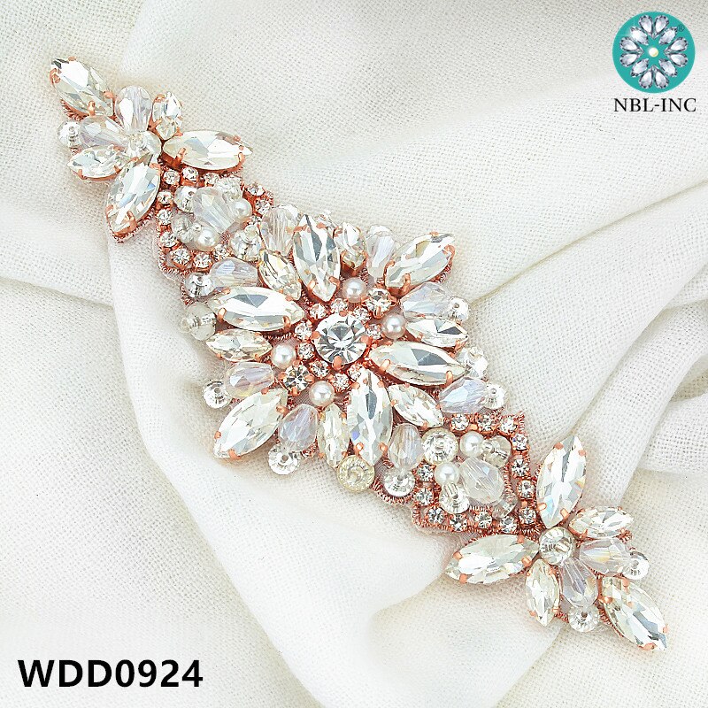 Cinturón de novia plateado y oro rosa, apliques de boda con cristales cosidos, para vestido de boda, WDD0924, 1 ud.