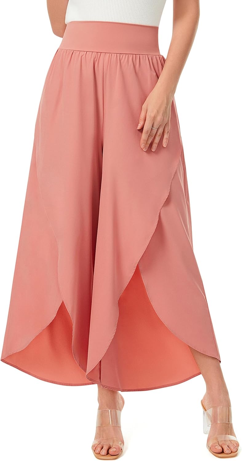 Pantalones de pierna ancha para mujer Split Flowy Palazzo Cintura alta Verano Playa Casual Crop con bolsillo