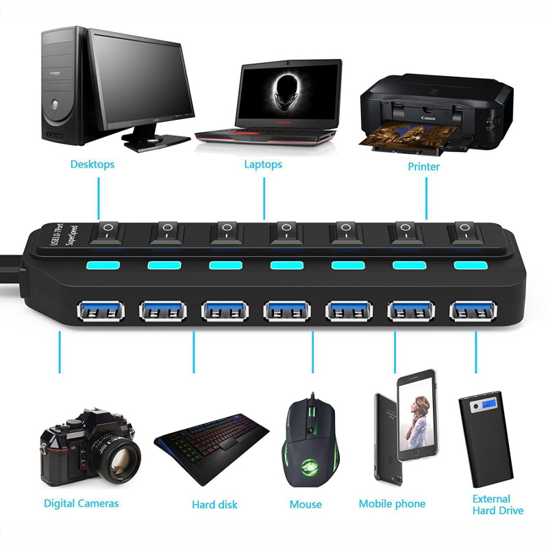 Usb 3.0 Hub Powered 7 Poort Aluminium Data Hub Super Speed 5Gbps Data Transfer Snelheid Meerdere Usb-poorten Voor windows Linux Pc