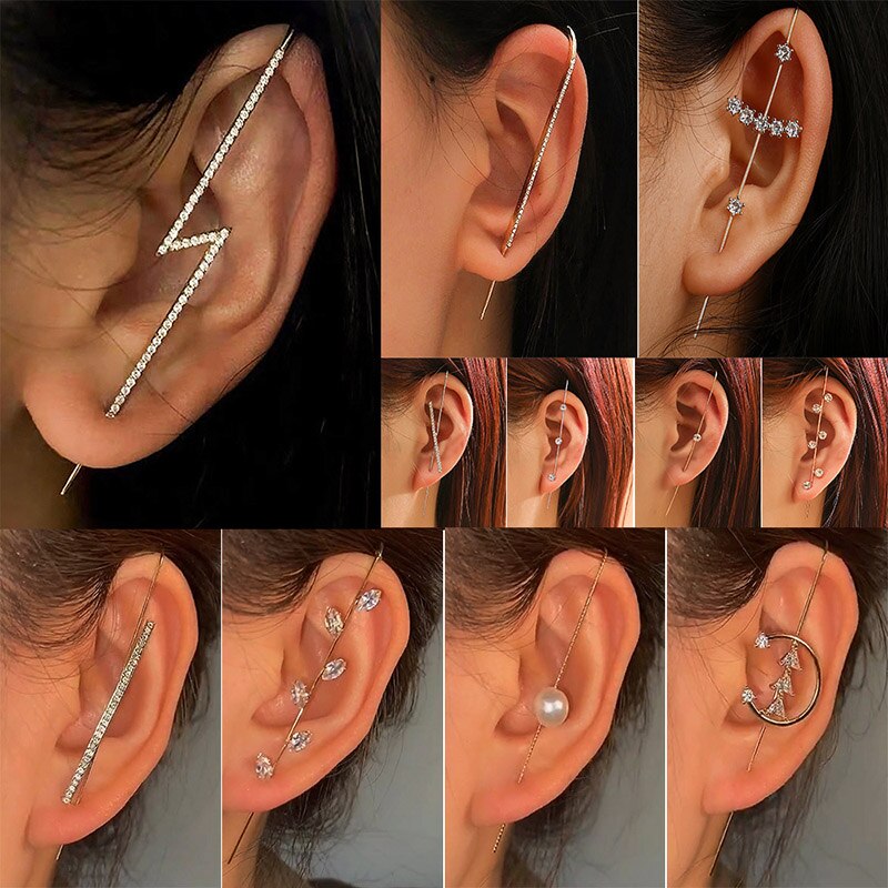 Zircon Piercing Earrings For Women Ear Needle Wrap Crawler Hook Earrings Pearl Cuff Stud Copper Inlaid Earrings 1Pc