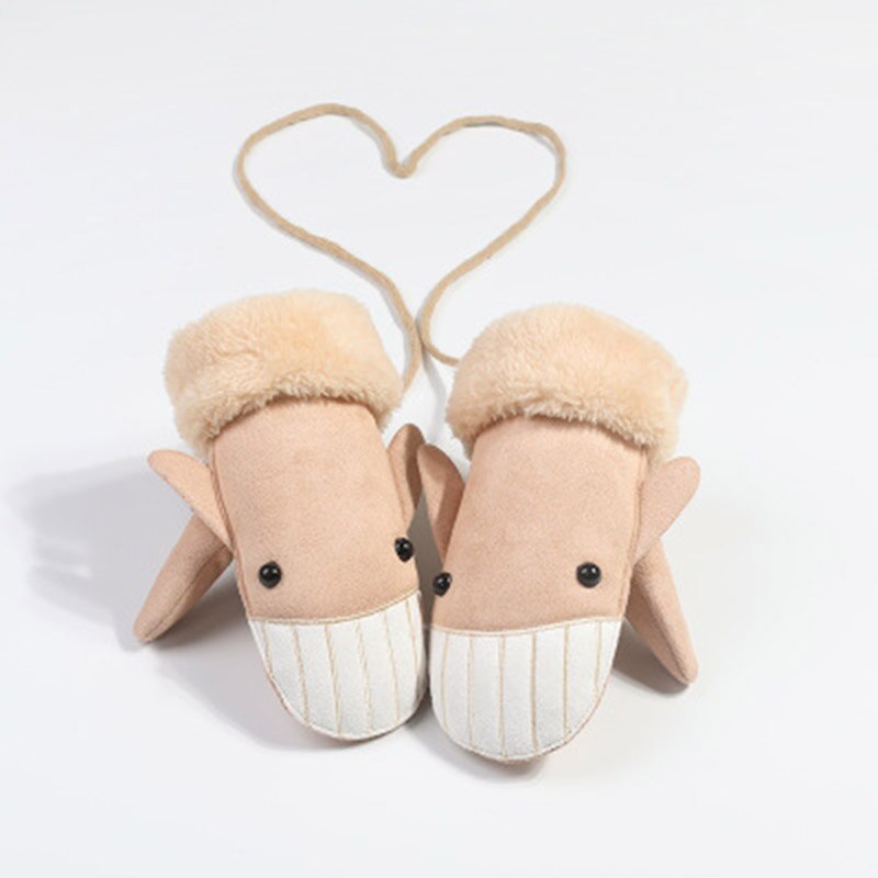 Gants pour enfants hiver épais cachemire dessin animé pingouin requin daim cuir gants garçon/fille suspendus cou mitaines de Ski H29: C Khaki