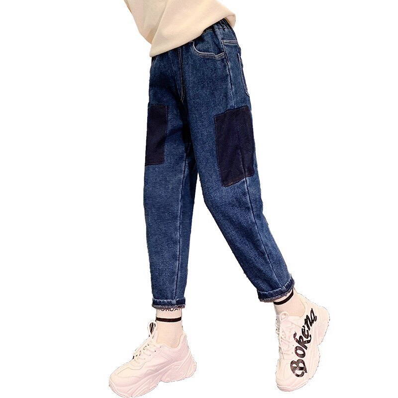 Girls Autumn Denim Pants Outer Wear Children Winter Clothes Kids Casual Sport Slacks Stitching Teenage Plus Velvet Padded Jeans