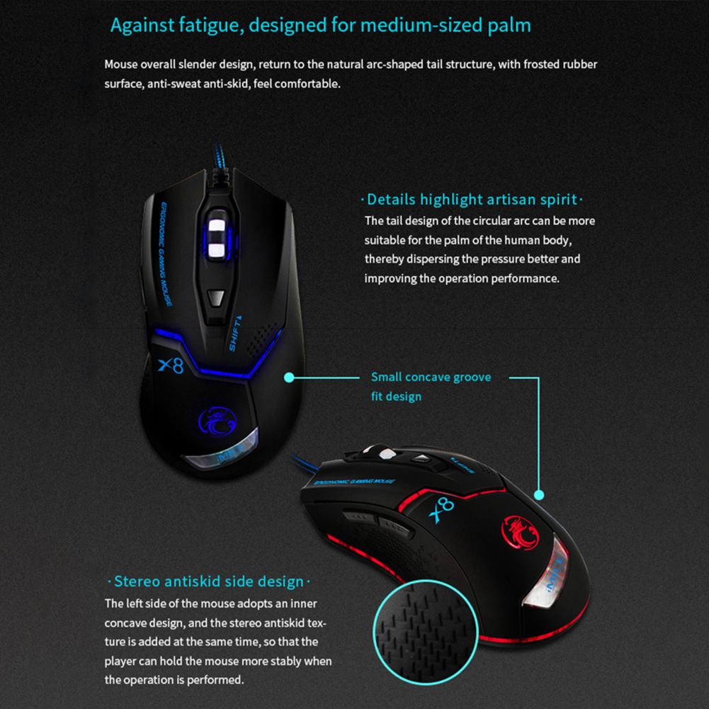 IMICE X8 Gaming Mouse Wired Luminous Adjustable DPI LED Wired Mouse for PC Laptop Computer