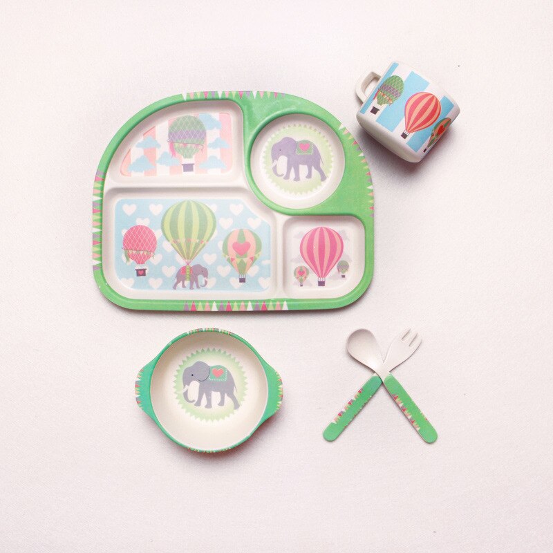 5 stuks babyservies van bamboevezel, babybord, kinderen, cartoon, scheidingsbord, kom, vork, lepel, beker, voedingsbenodigdheden: 007