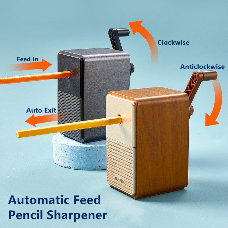 Deli-afilador de lápices modelo clásico para diferentes tamaños de punta, hoja de larga duración, papelería escolar, afiladores de manivela manual