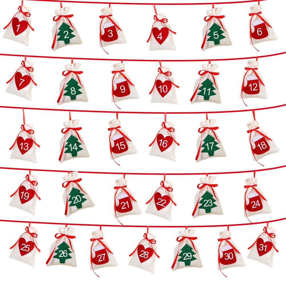 OurWarm Christmas Advent Calendar Garland Felt Christmas Tree Advent Calendar 24/31 Numbers Bags Banner Party Decoration: 1-31
