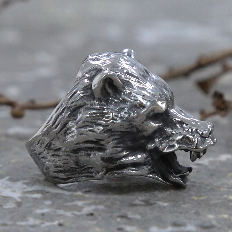 Anillo de cabeza de oso vikingo moderno, anillo cabeza de Animal Punk motorista de acero inoxidable dominante, anillos de oso eslavo para hombres, , tamaño 8-13