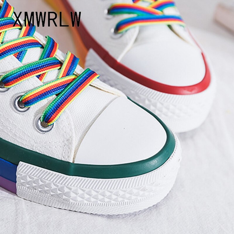 Xmwrlw regnbue hvide sko kvinder lærred sneakers med farve blonde sko forår kvindelige flade sneakers kvinder sko