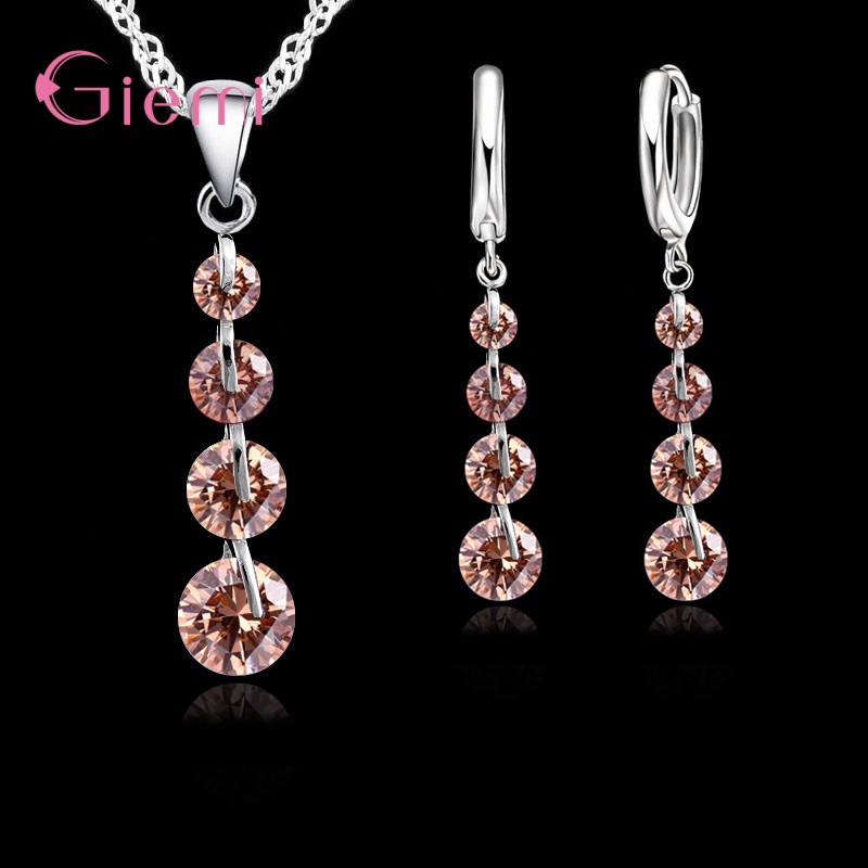 Real Romantic 925 Sterling Silver Cubic Zirconia Crystal Pendant Necklace Earrings Jewelry Set For Women Choker Wedding: GRAY