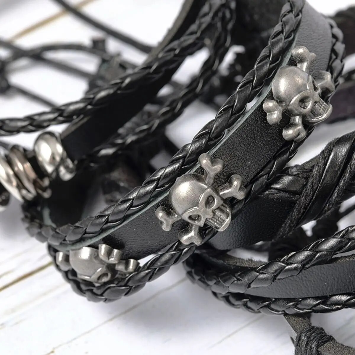 6 stks/set zwarte punk schedel & stervormige legering & pu lederen armband