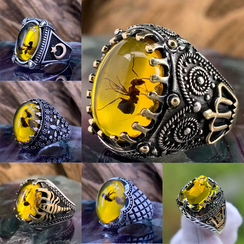 Vintage Grote Ovale Natuurlijke Agaat Ringen Heren Vintage Ingelegd Geel Amber Mier Ringen Voor Bruiloft Sieraden
