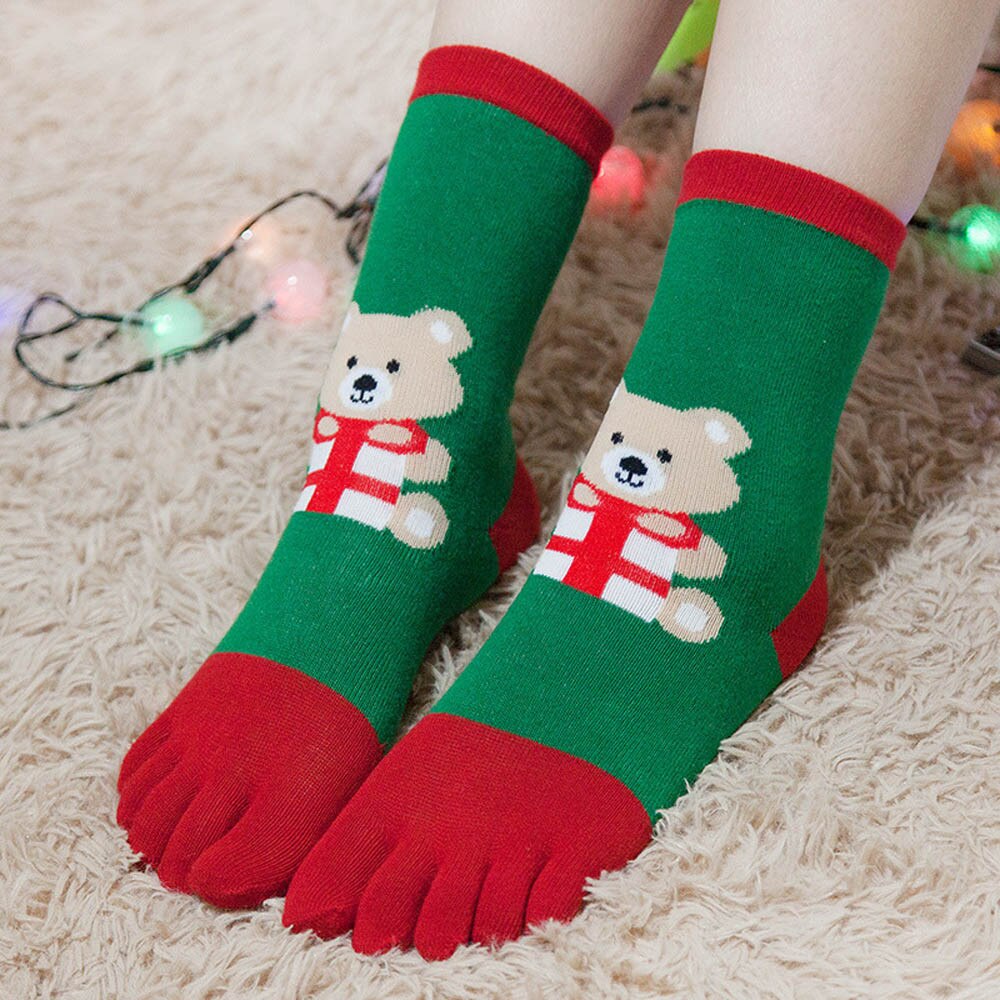 Women Christmas Sock Funny Cartoon Printed Toe Sock Cotton Winter Five Fingers Socks Casual Women Soft Socks #YL5: B