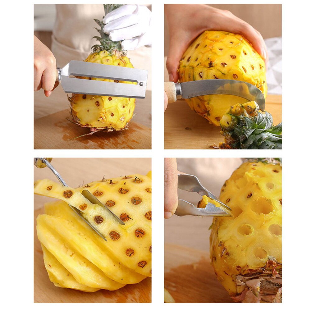 4 stuks roestvrijstalen ananasschiller, ontpitter, suikerriet ananasmes, snijder, ontpitter, clip, fruitsalade-gereedschap
