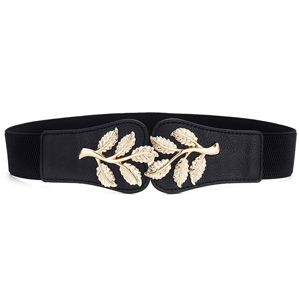 Funda de cintura para mujer, cierre de cintura elástico de hoja dorada a la con hebilla de doble gancho, cinturón ancho combinado con falda, cinturón para mujer: Negro