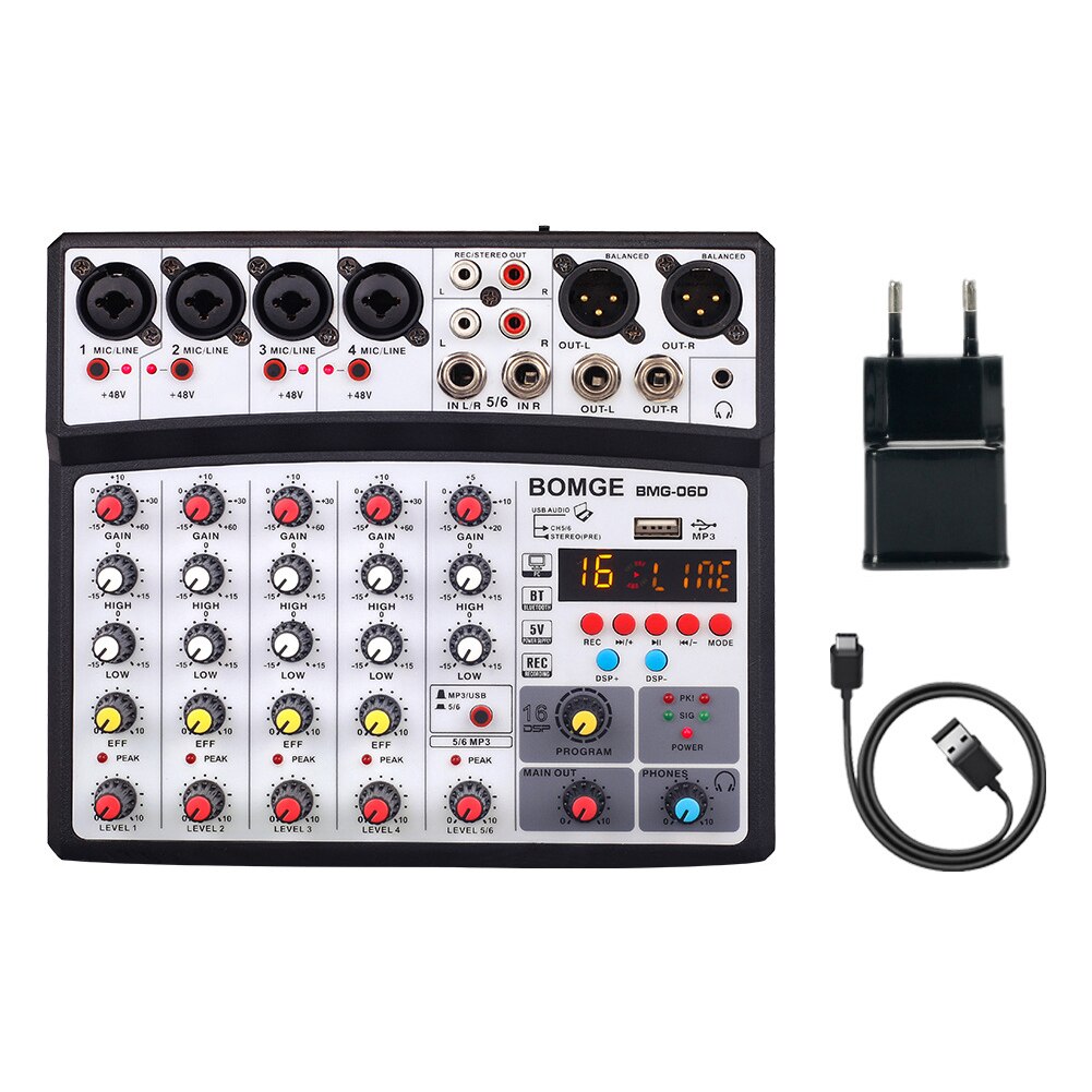 BMG-06D 6 Channels Sound Mixing Console 16 DSP Bluetooth-compatible USB 48V Phantom Power Monitor Audio Mixer For Live Broadcast: EUplug  Black