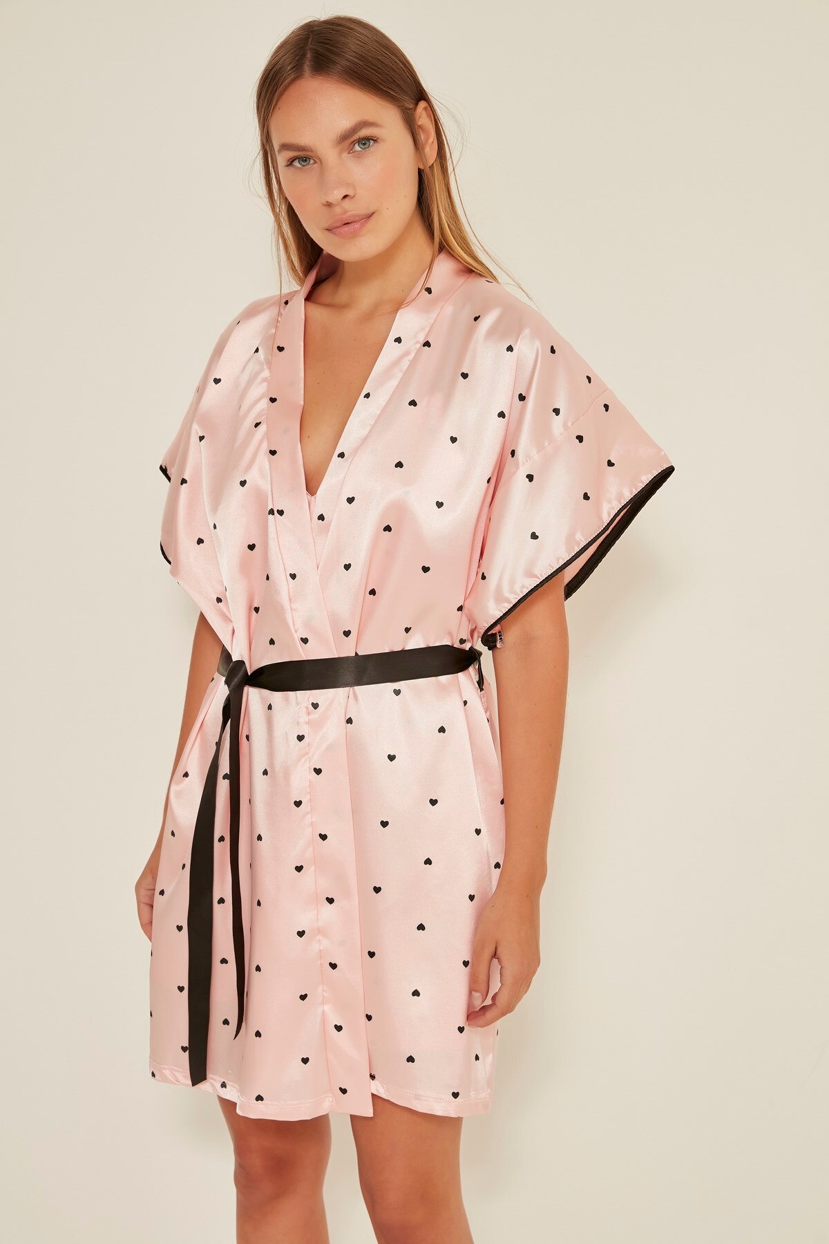 C & City Arles Women Heart Pattern Satin Dressing Gown Pink/Black