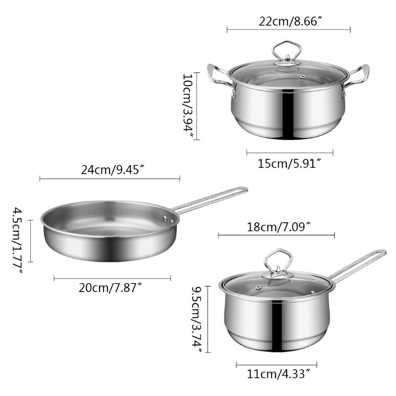 3 pièces en acier inoxydable batterie de cuisine à fond plat poêle à soupe Pot Pot de lait Kit 875A