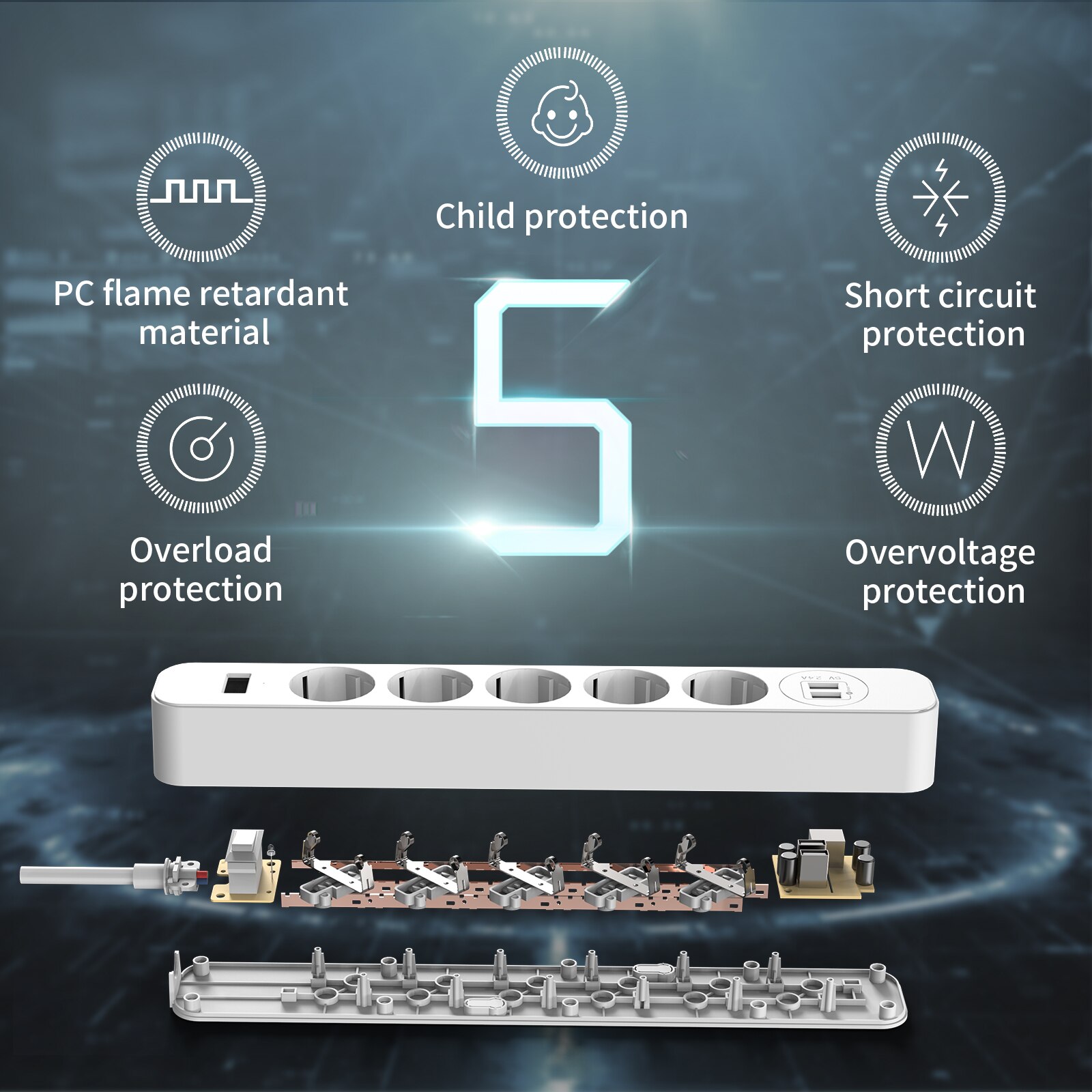 NTONPOWER Wall Mountable Power Strip, 5M Extension Lead with USB, EU Power Plug with Overload Protected Switch, for Home Office