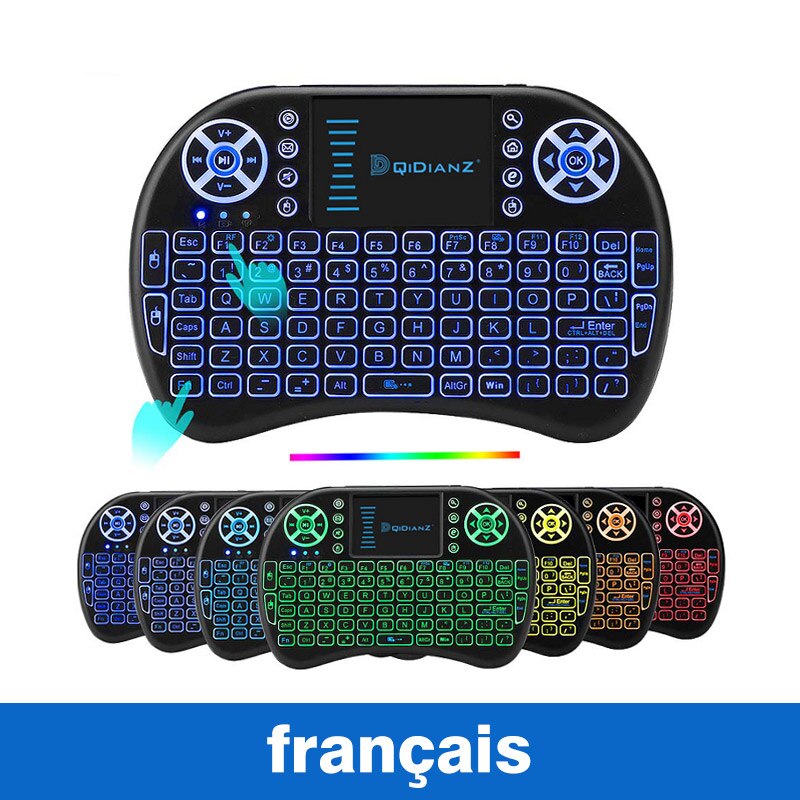 I8 baggrundsbelyst tastatur på 2.4 ghz understøtter flere sprog, der er egnede til mini-tv-set-top-bokse: Fransk