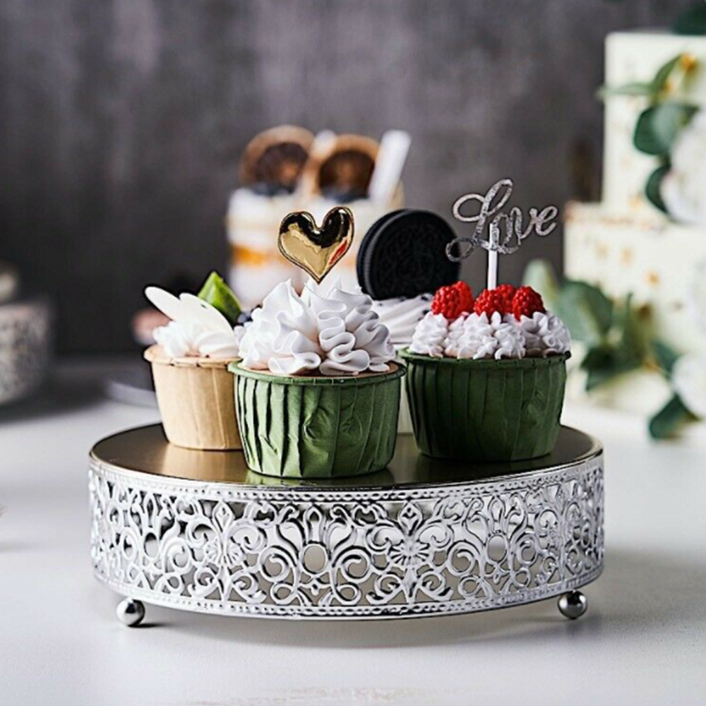 Round Lace Metal Wedding Cake Stand Dessert Display Stand Glossy Metallic Finish for Wedding Ceremonies Party Decoration Banquet: silver