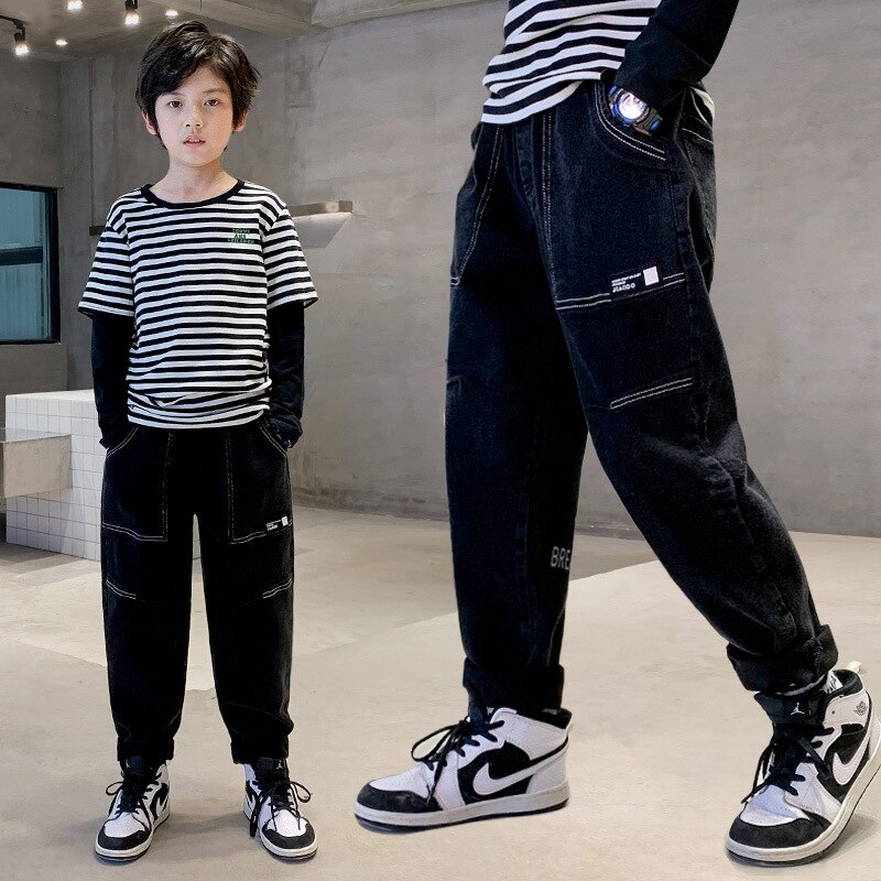 Boy Spring Loose Pocket Jeans Children Contrast Cargo Jean Pants Kids Straight Denim Pant Baggy Trouser Teen Clothes
