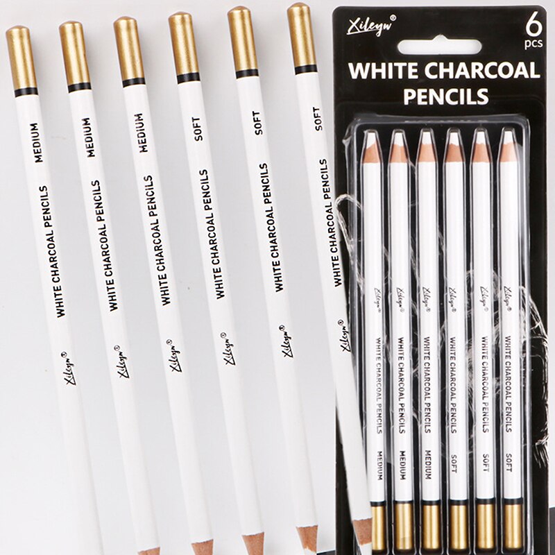 6Pcs White Charcoal Pencil Drawing Set Soft &amp; Medium Sketching Pencil Art Supply