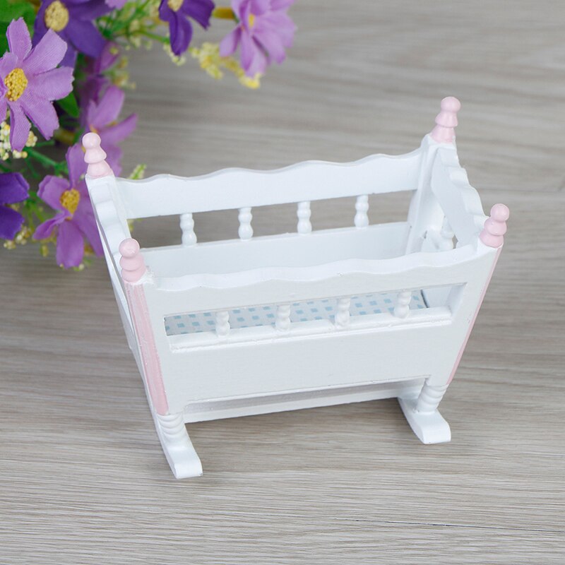 Meubels Witte Houten Cardle Baby Bed Kinderen Speelgoed Houten Kwekerij Wieg Baby Wieg 1:12 DollHouse Miniatuur Poppen