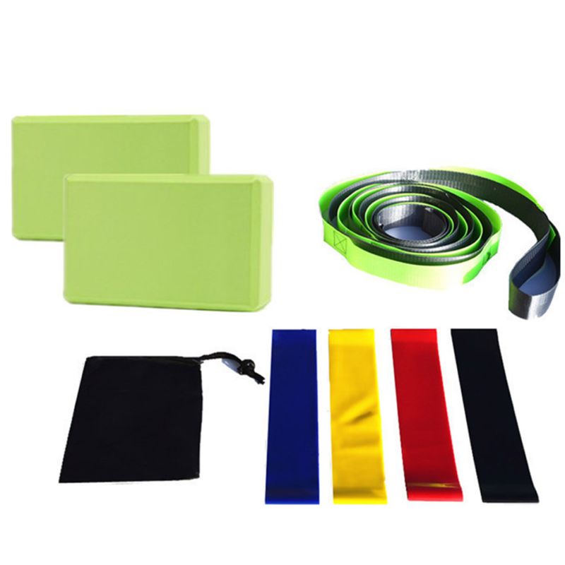 8 Pcs Yoga Equipment Set with Yoga Blocks Stretching Strap Resistance Loop Band Yoga Starter Kit: Green