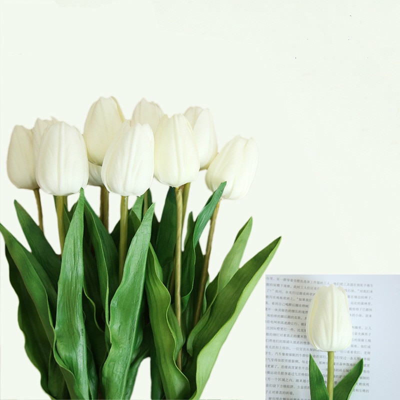 46cm lange gren tulipan kunstig blomst pu latex kunstig buket ægte berørings blomster til bryllup dekorative blomster og kranse: Hvid