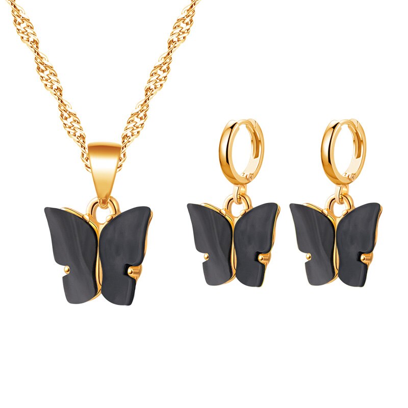 ZWC Butterfly Women's Earrings Necklace Set Acrylic Butterfly Earrings Animal Sweet Colorful Earrings Girls Jewelry: Black