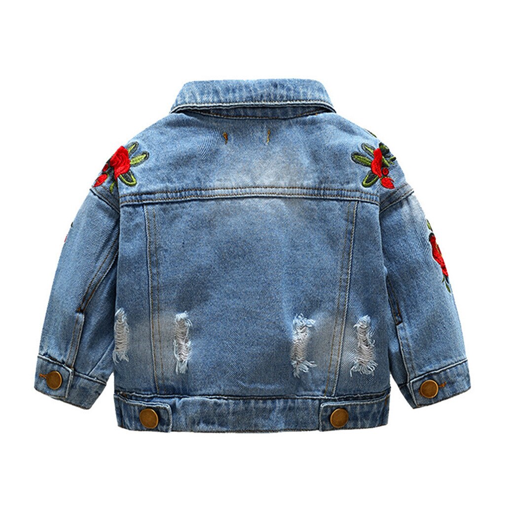 Toddler Baby Girl Long Sleeve Winter Baby Meisje Denim Jasje Rose Embroidery Windproof Hole Denim Coat Outwear #EW