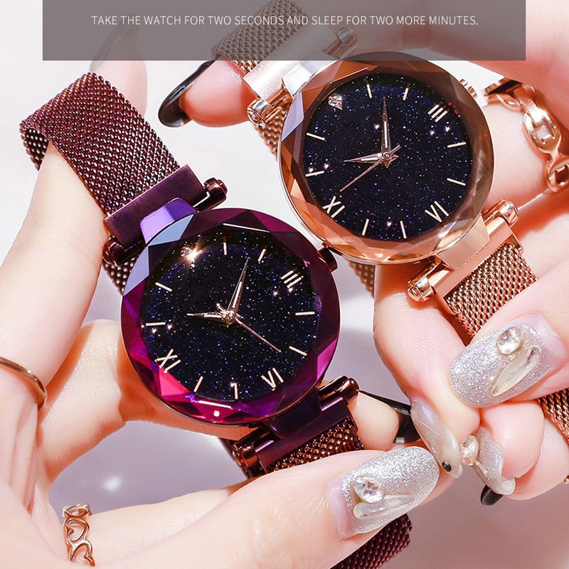 Womens Watch Femme Starry Sky Watches Stainless Steel Mesh Magnet Strap Quartz Watch for Sisters Girlfriend