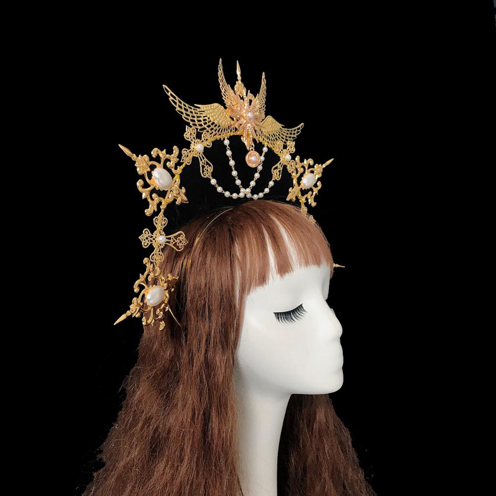 Gótico Lolita KC oro gótico Halo alas de Ángel Sun Godmother's Virgin Mary Goddess tocado de cuentas accesorios para el cabello de novia