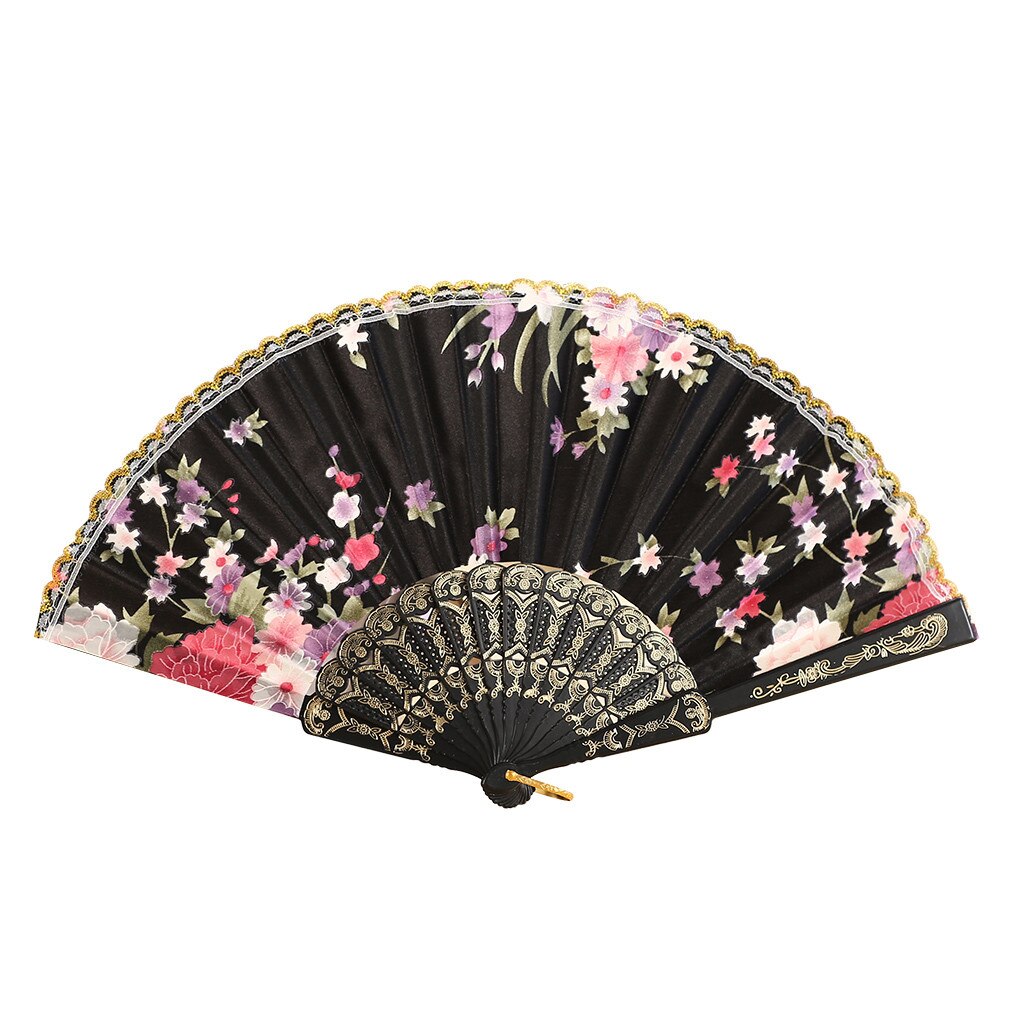 Vouwen Fans schoonheid Kant Chinese Stijl Dans Bruiloft hand fan Folding Held Bloemen Fans decoratieve abanico: Black