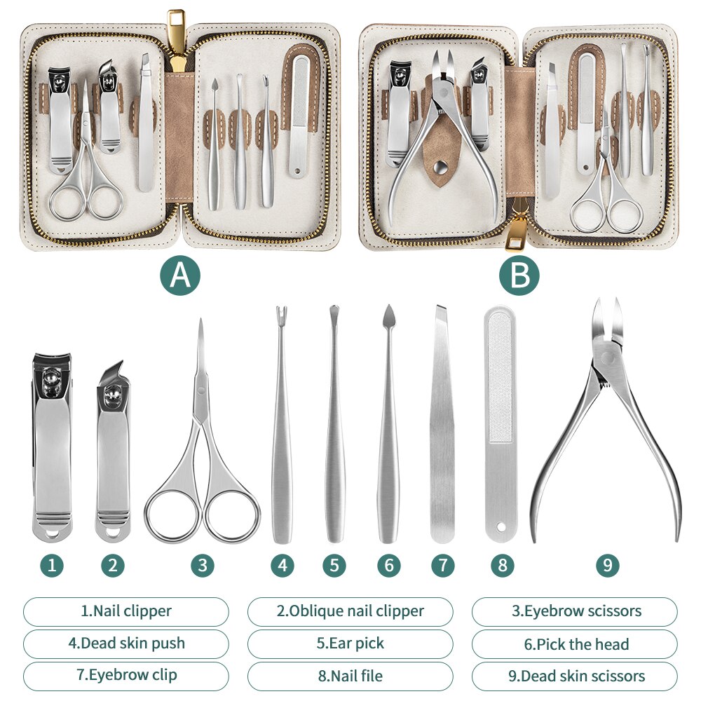 Juego de manicura y pedicura, cortaúñas de acero inoxidable, herramientas para cortar uñas, tijeras, Lima, Kit de recortador de cejas y pestañas