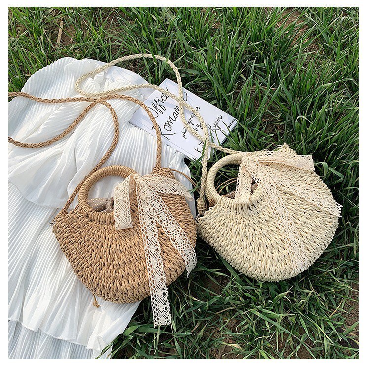 Ins bolsas feitas à mão meio redonda femininas, bolsa de palha de tecido, feita a mão para mulheres, cordão para o verão 2020