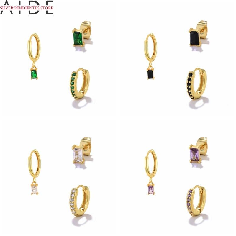 AIDE 3 piezas para mujer, Pendientes colgantes de circón verde, negro, blanco y púrpura, aros chapados en oro, joyería de