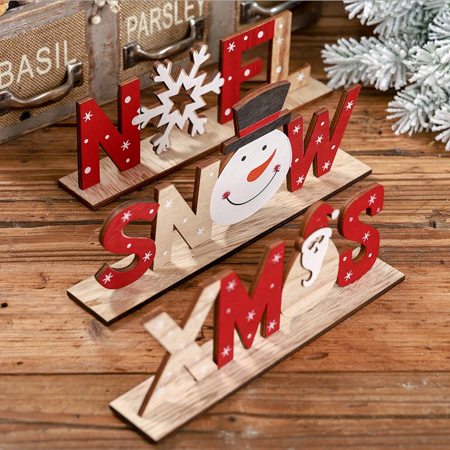 Rustik juletræsskilt noel sne xmas brev plak dekorationer bord desktop ornament til fest hjemme cafe indretning
