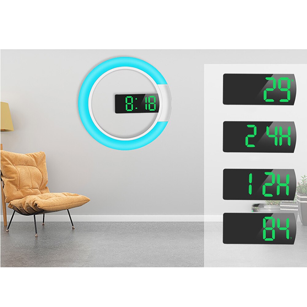 Multifunctional Clock Home Colorful Led Mirror Hollow Wall Clock Ring Light Thermometer Digital Alarm Clock