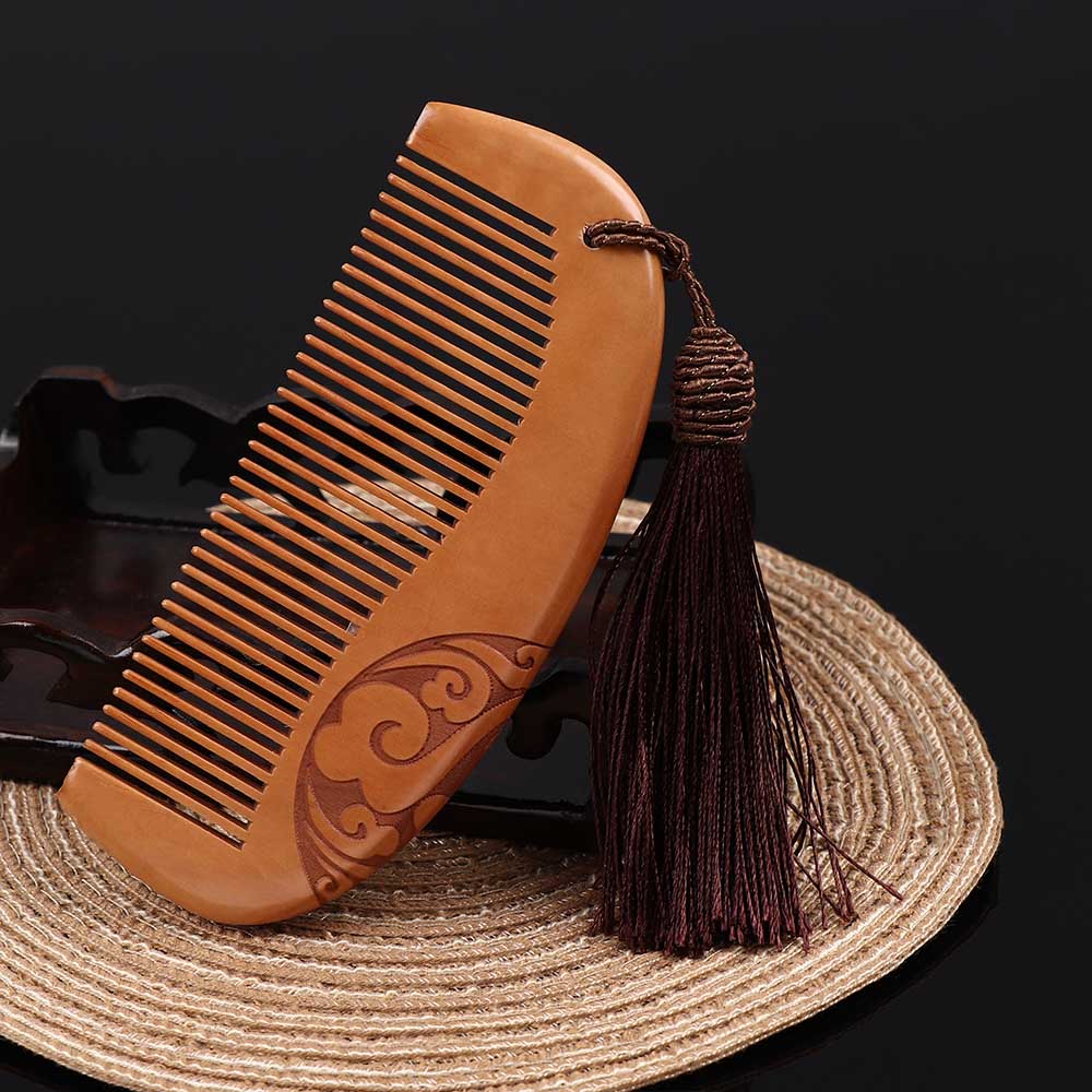 1 pc Natural Vintage Comb Carved Double Fine Anti-static Hair Comb With Tassel Hair Care Wooden Tools Beauty Accessories