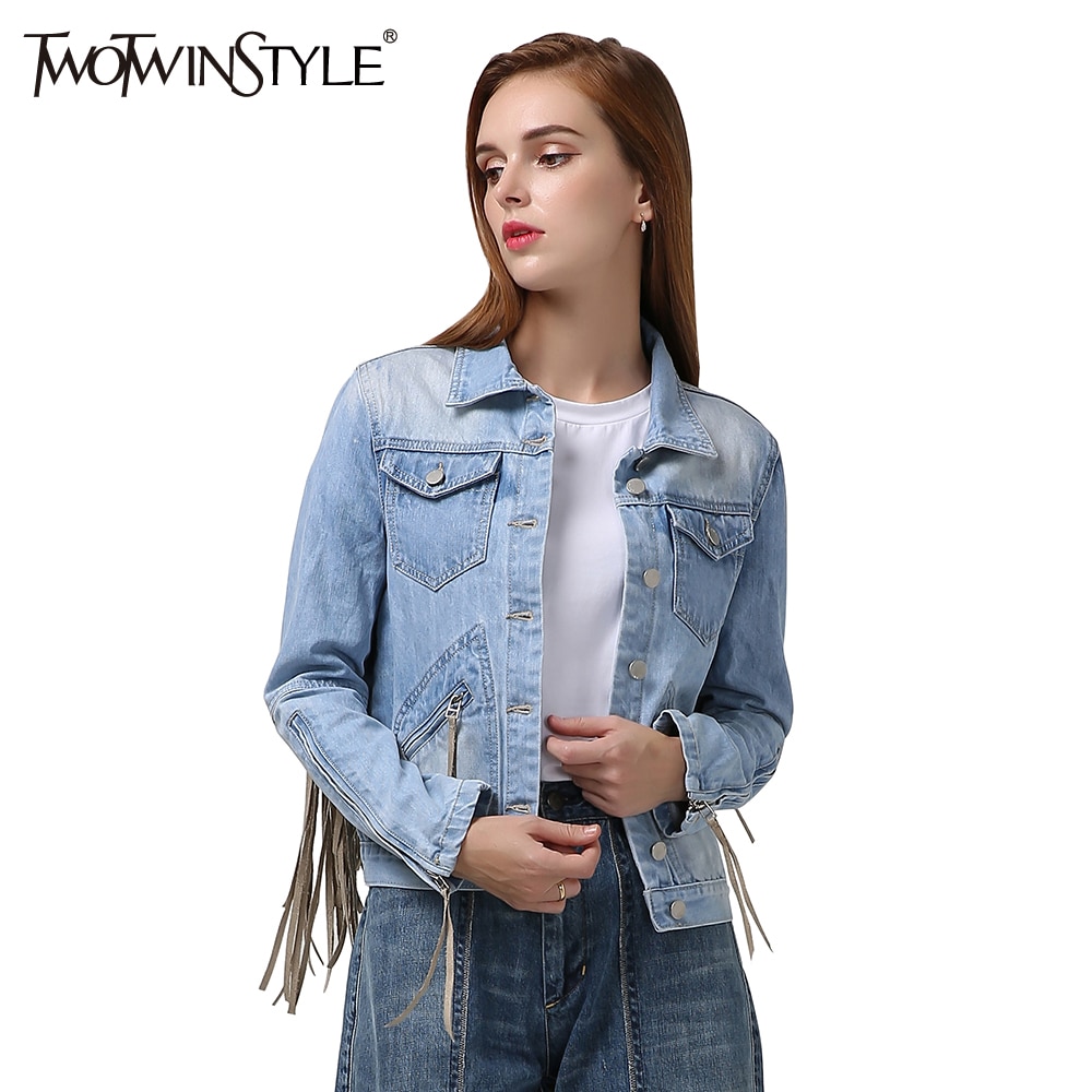 Teotwin Style TWOTWINSTYLE Denim Jacket for Women Tassel Long Sl... – Grandado