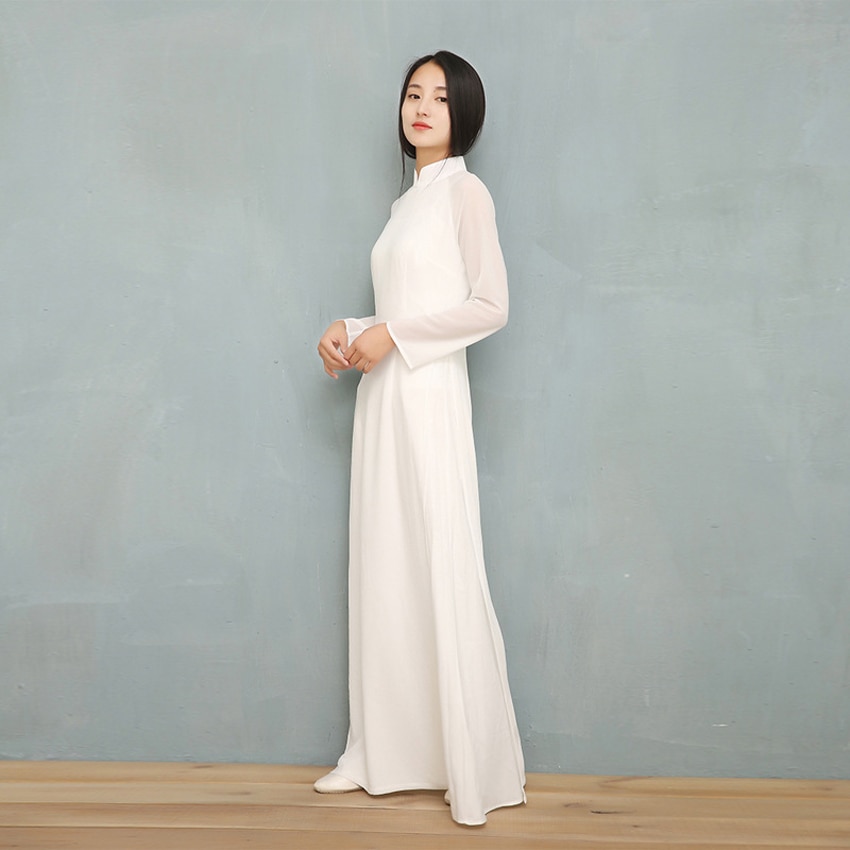 Vestido blanco liso de gasa para mujer, Cheongsams chinos de manga larga, estilo Oriental, 2022