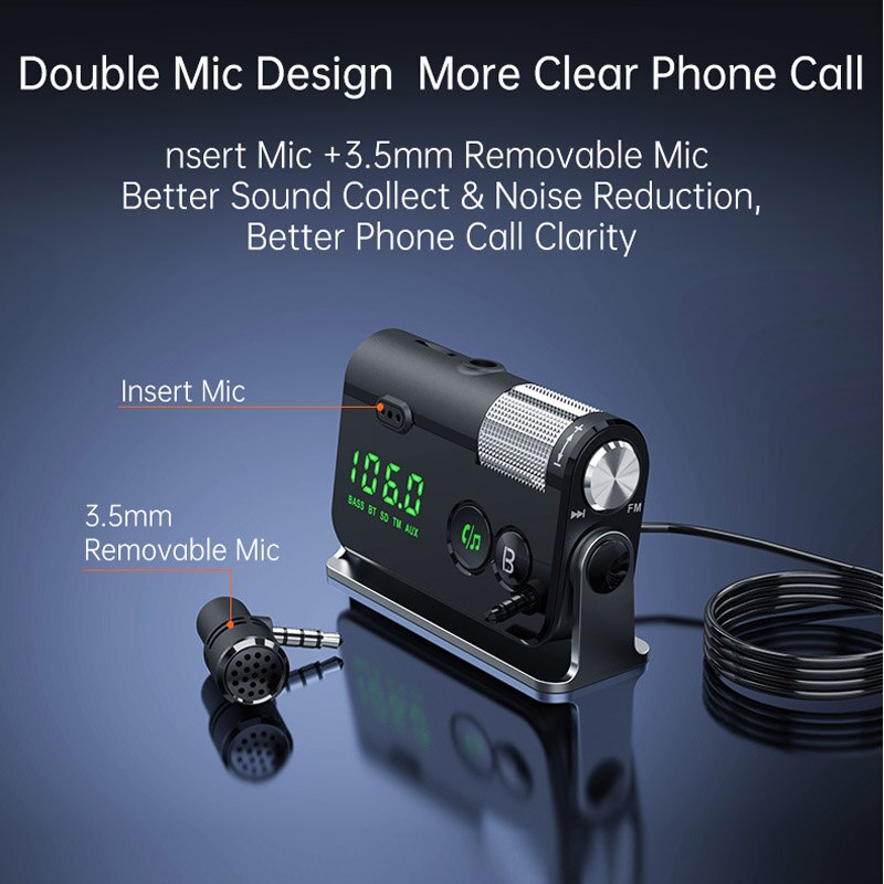 FM Transmitter Bluetooth 5.0 Car Kit Handsfree AUX Audio Receiver MP3 Player QC3.0+PD 18W USB Charger with Removable Microphone