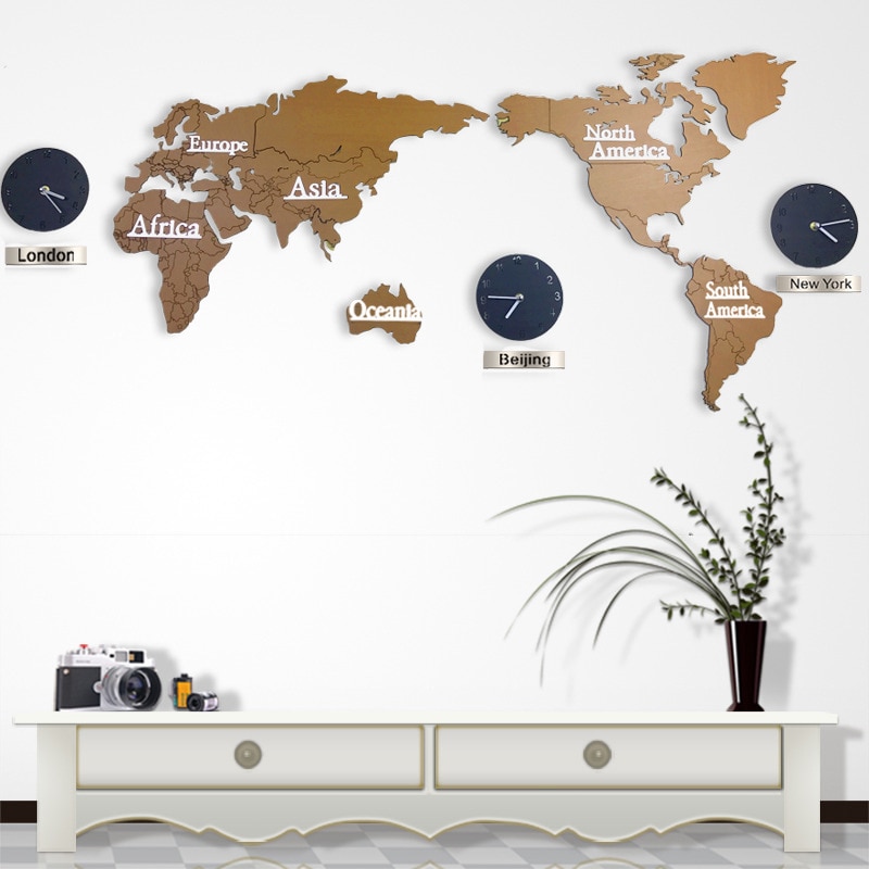 3D World Map Large Wall Clock DIY Wooden MDF Digital Wall Clock wood watch Modern European Style Round Mute relogio de parede