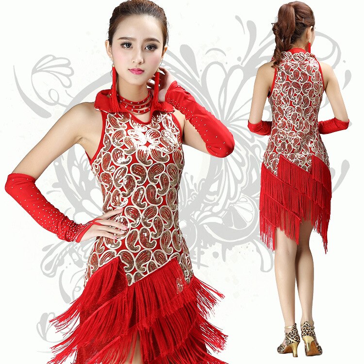 ballroom latin dance dress women black competition gold sequin Fringe Dancing Dresses Costume Tango Samba Skirts cha cha salsa